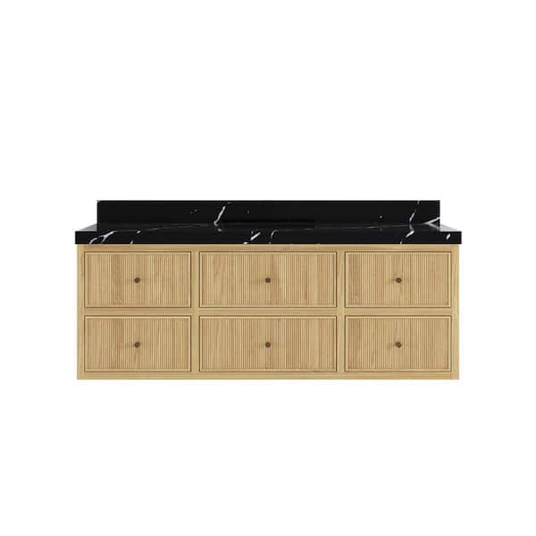 Willow Collections Sonoma Floating 60 in. H Single Sink Freestanding Light Natural Bath Vanity with Calacatta Black Qt. Top Unassembled