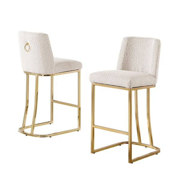 Raven Cream Boucle Fabric Counter Height Stool (Set of 2) With Gold Chrome Legs