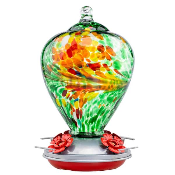 Unbranded Handmade Peacock Glass Hanging Humming Bird Nectar Feeder-34 oz. with Ant Moat (1-Pack)