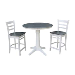 36 in. Round Pedestal White/Heather Gray Solid Wood 2-Emily Stools Base Counter Height Dining Table (Set of 3-Piece)