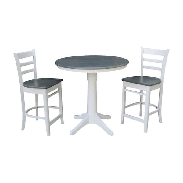 International Concepts 36 in. Round Pedestal White/Heather Gray Solid Wood 2-Emily Stools Base Counter Height Dining Table (Set of 3-Piece)