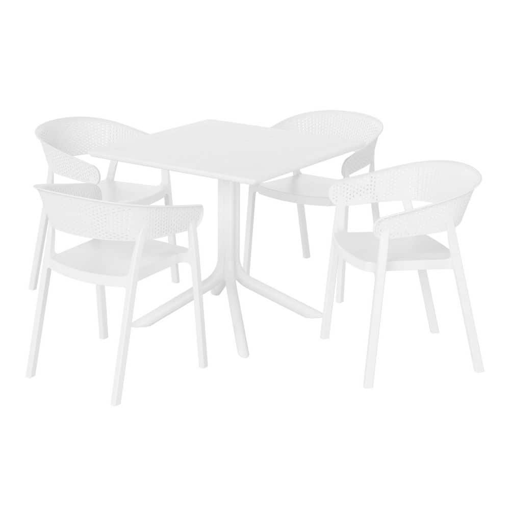 Frond and Form White Plastic All Weather 5-Piece Square Table Modern Outdoor Patio Dining Set w/ 4 Stackable Chairs price history on PriceWatchPro