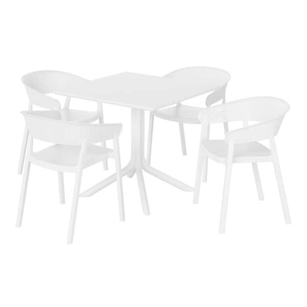 WESTIN OUTDOOR Frond and Form White Plastic All Weather 5-Piece Square Table Modern Outdoor Patio Dining Set w/ 4 Stackable Chairs