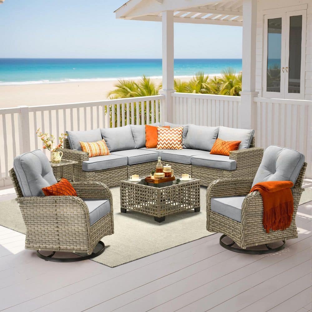 Veranda 9 Pieces Wicker Outdoor Patio and Swivel Rocking Chairs with Gray Cushions