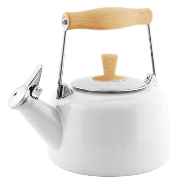 Chantal Sven 5.6-Cups White Enamel-on-Steel Tea Kettle with Rubberwood Handle and Knob