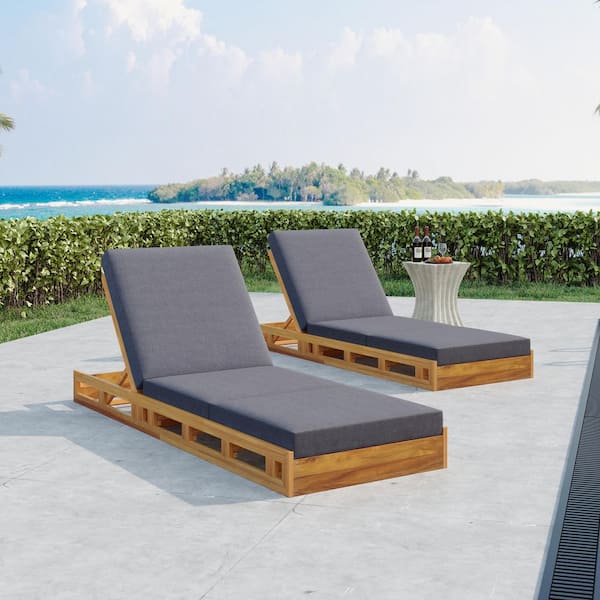 Gail Solid Wood Patio Outdoor Chaise Lounge with Triple Folding Dark Gray Cushion, Adjustable Back,Teak Finish,Set of 2