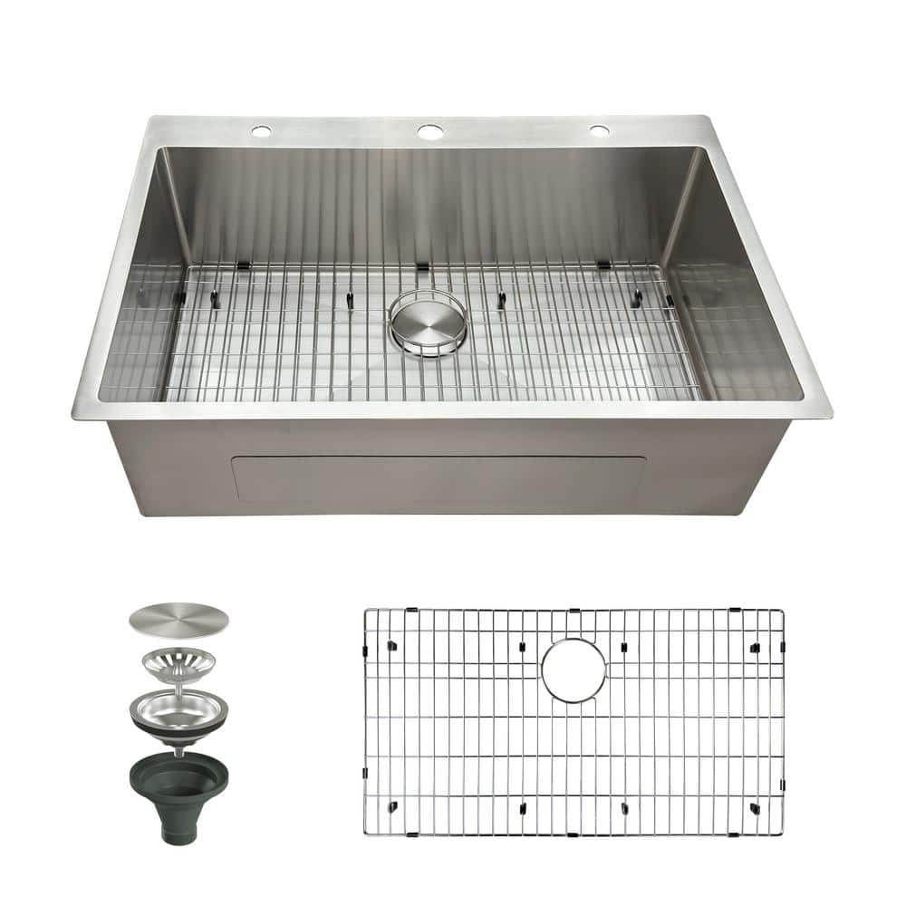 33" Brushed Stainless Steel Single Bowl Drop-In Kitchen Sink with Accessories