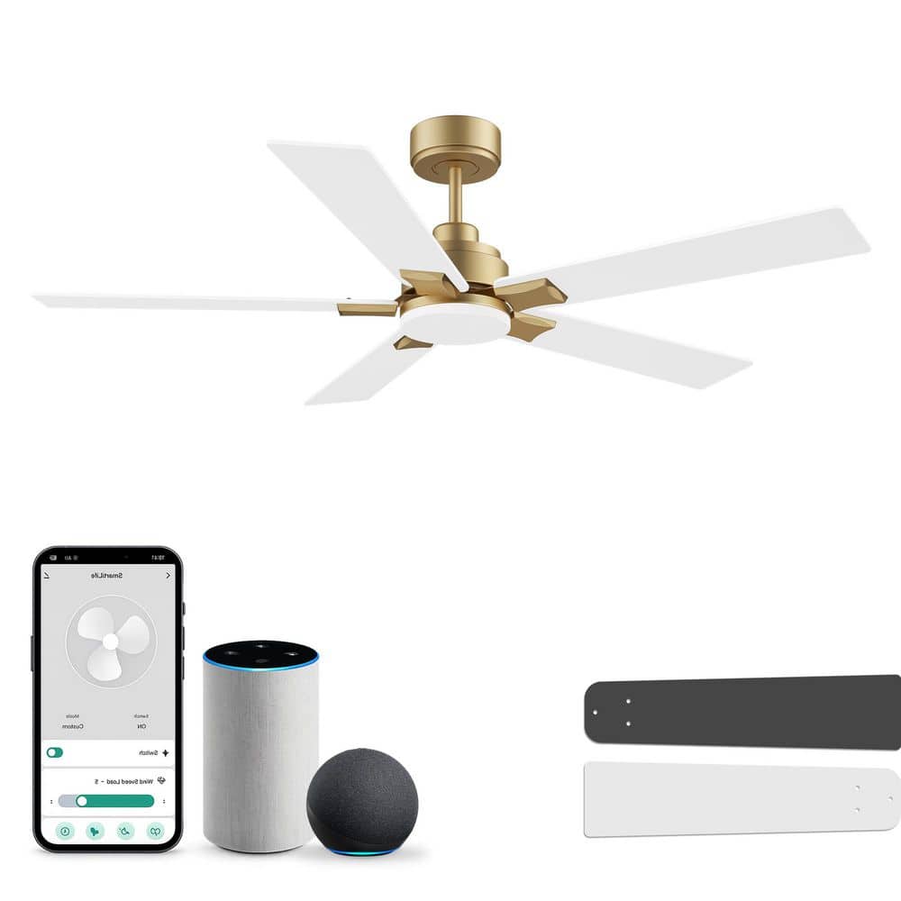 52 in. Indoor/Outdoor Gold Downrod Mount Standard Ceiling Fan with LED Light and Remote Reversible DC Motor