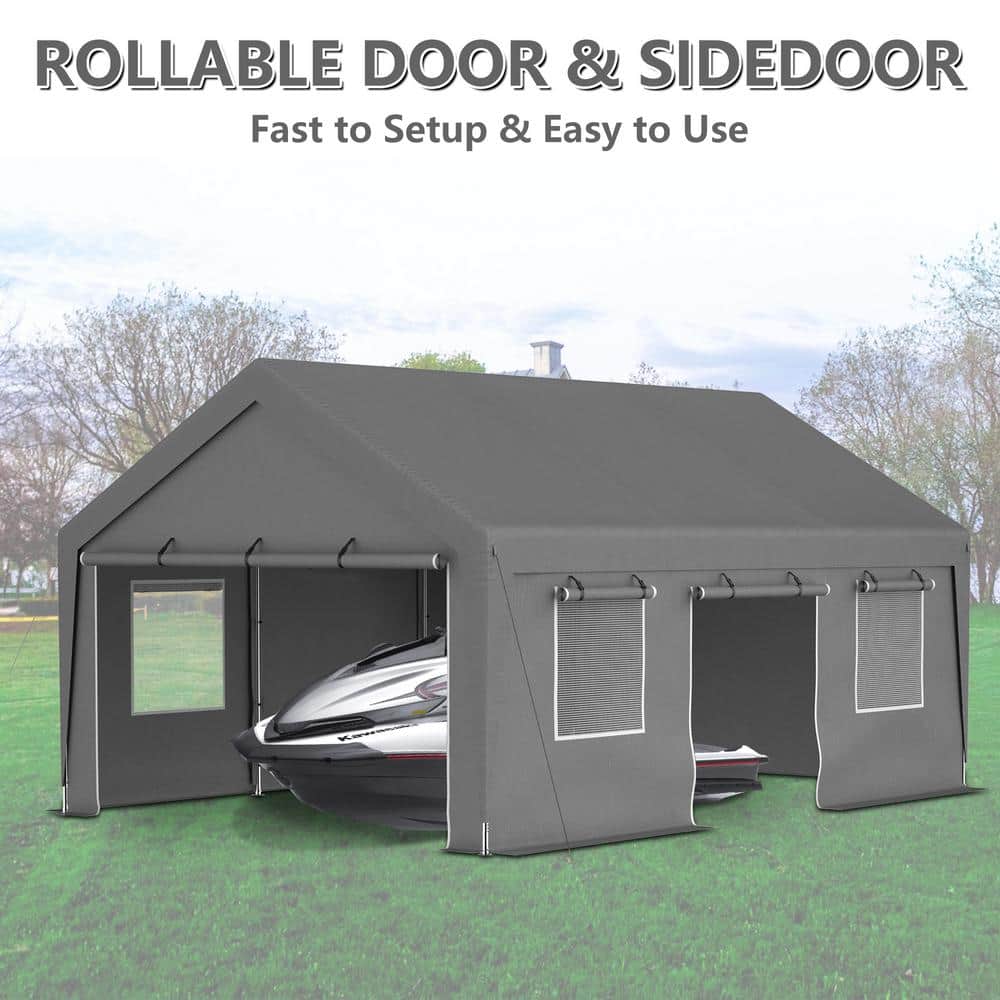 Gray 13' x 20' Metal Frame Carport with Windows
