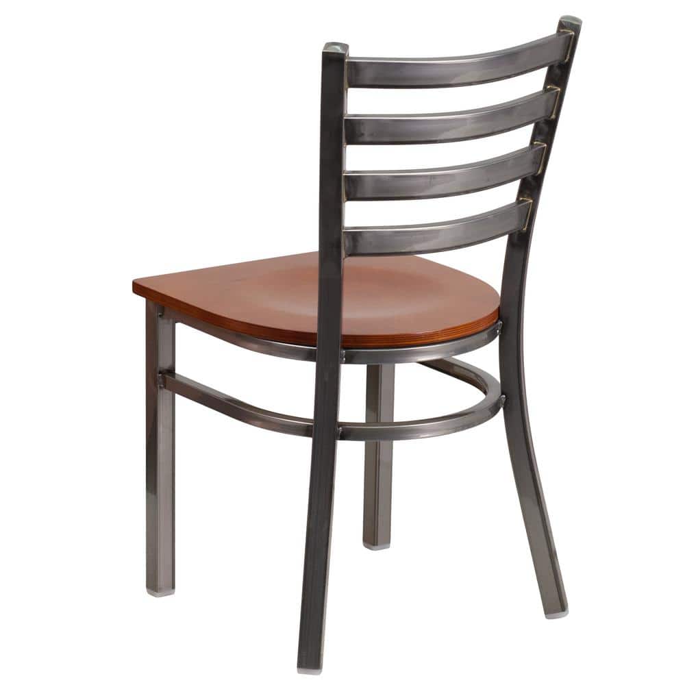 Cherry Wood Seat Clear Coated Ladderback Metal Side Chair