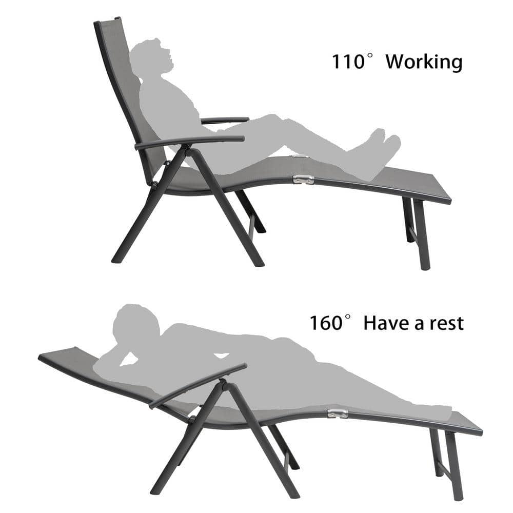 Gray Aluminum 2-Person Adjustable Outdoor Chaise Lounge Set with Table