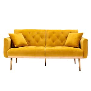 63.7 in Wide Mustard Yellow Velvet Upholstered 2-Seater Convertible Sofa Bed with Golden Metal Legs