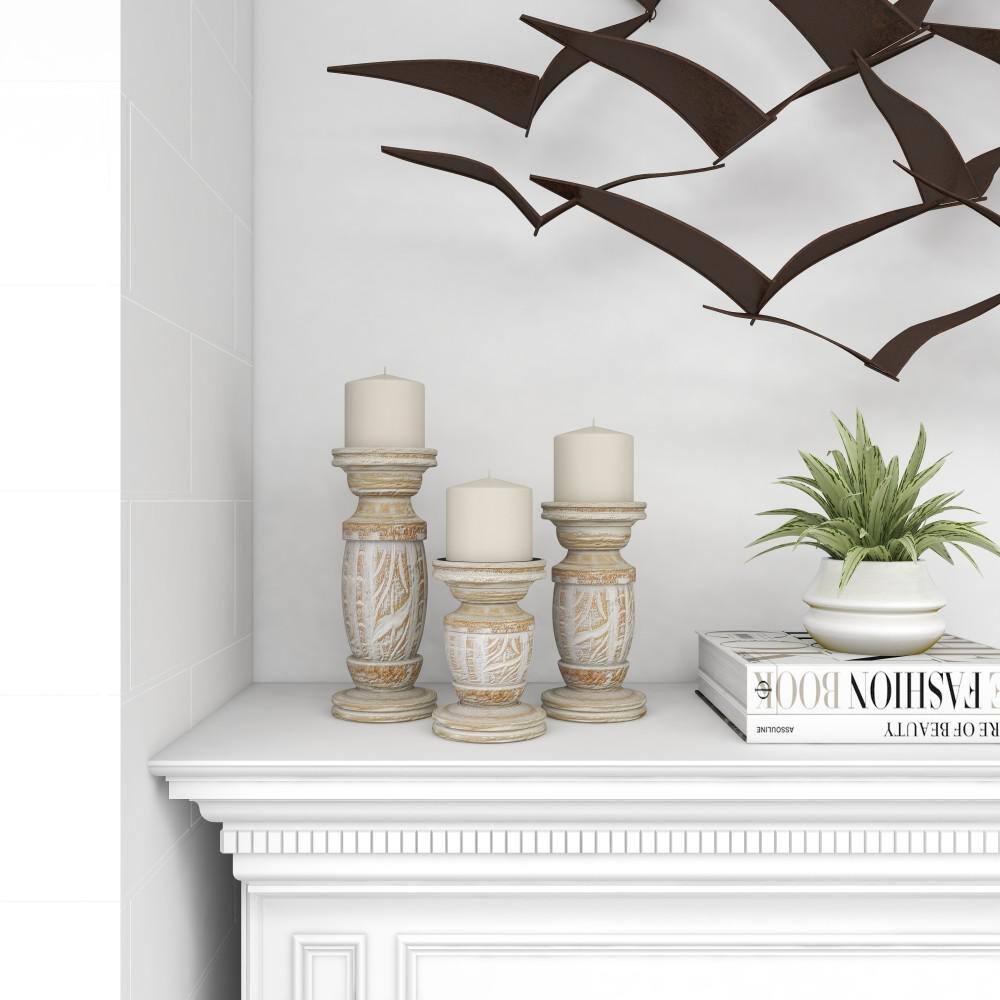 Radiant Elegance White Washed Wood Candlestick Trio, Set of 3