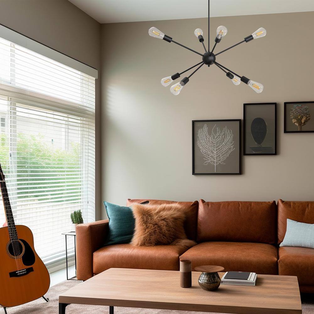Matte Black 8-Light Sputnik Chandelier with Adjustable Rod