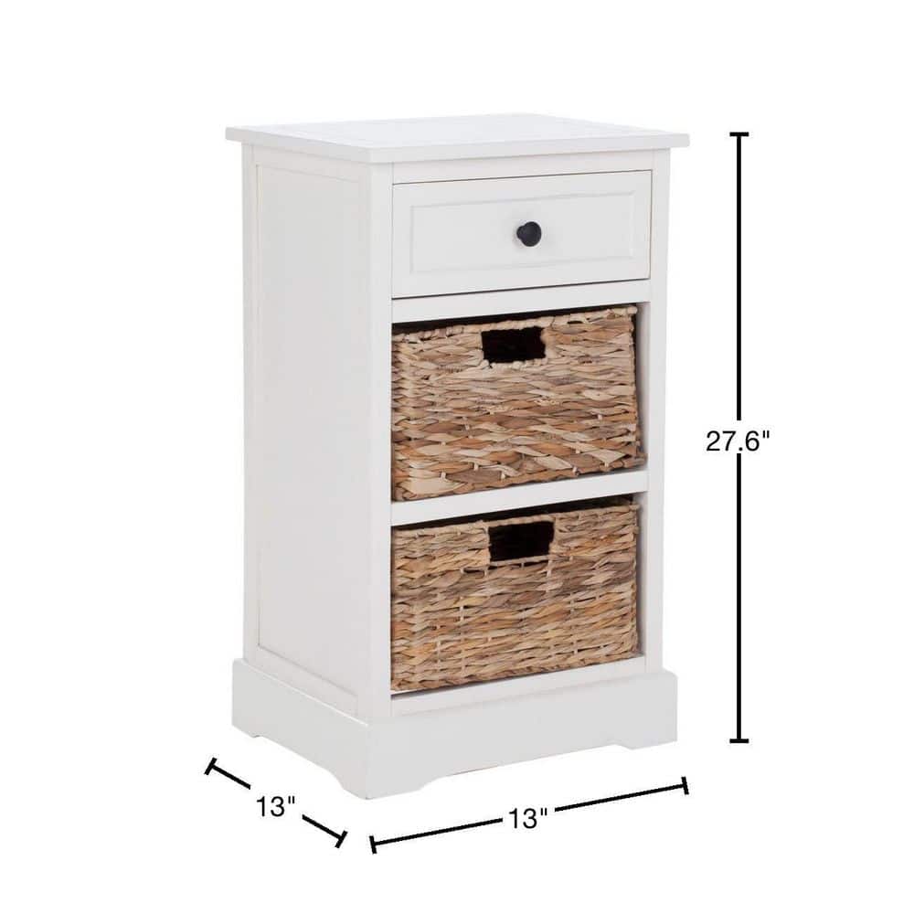Transitional White Pine Storage Side Table with Wicker Baskets