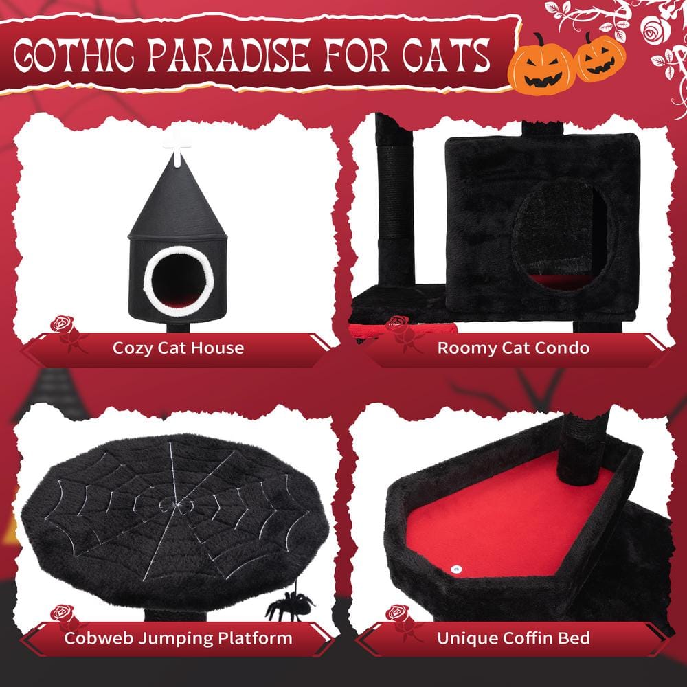 64-Inch Gothic Black and Red Cat Tree Tower with Sisal Scratching Post