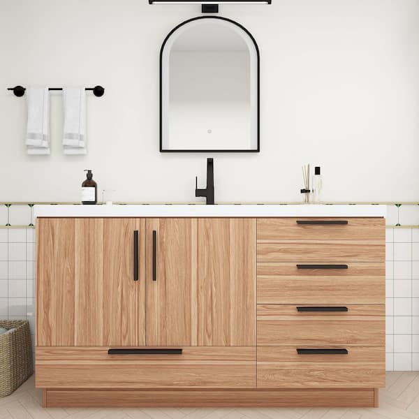 Carla 59 in. W x 20 in. D x 35 in. H Single Sink Freestanding Bath Vanity in White Oak with White Acrylic Top