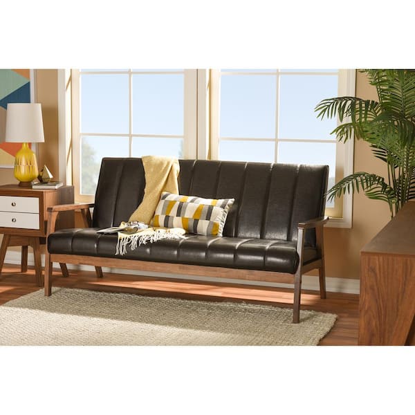 Baxton Studio Nikko 63.4 in. Dark Brown Faux Leather 4-Seater Cabriole Sofa with Wood Frame