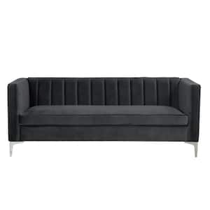 HomeDepot Collection 71 in. Wide Square Arm Velvet Mid-Century   Square Sofa with Channel Tufted 3-Seater Couch in Black
