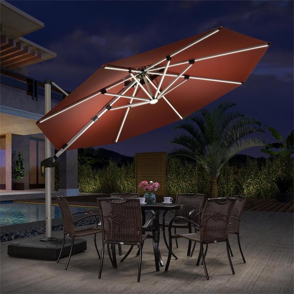 PURPLE LEAF 11 ft. Octagon Aluminum Solar Powered LED Patio Cantilever Offset Umbrella with Base, Brick Red