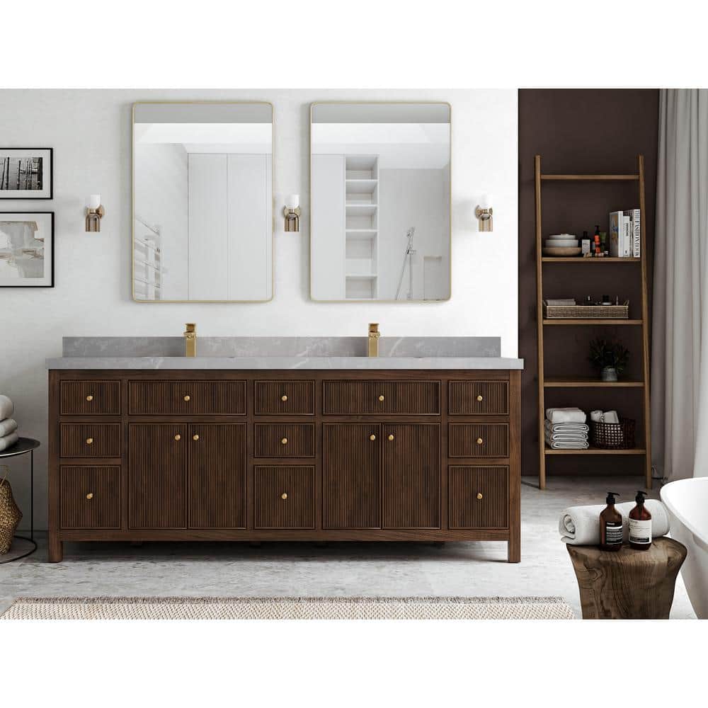 Sonoma 84" Dark Walnut Teak Double Sink Vanity with Pearl Gray Quartz Top
