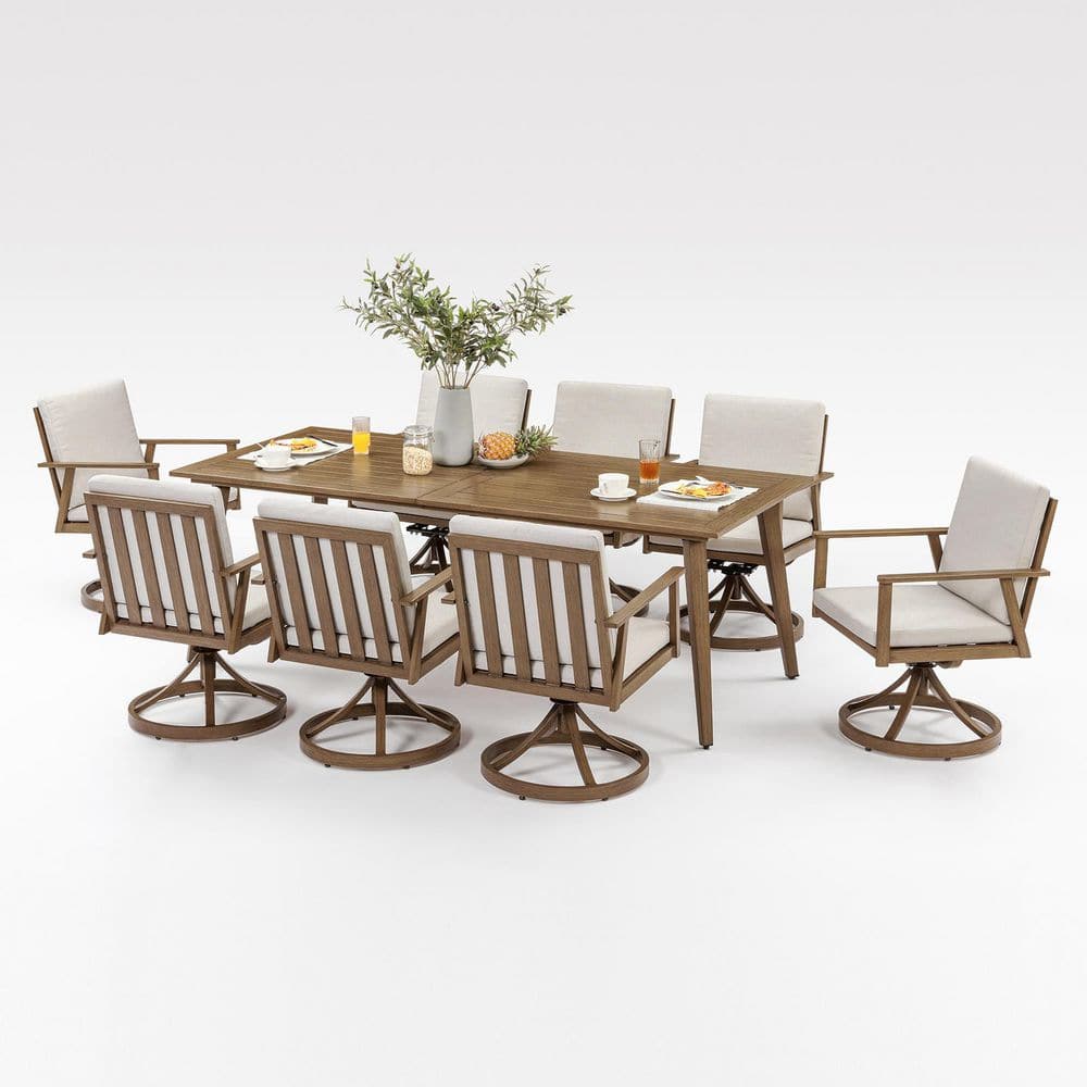 Medium Brown Wood 9-Piece Aluminum Outdoor Dining Set with 8-Swivel Dining Chairs, Rectangular Table and Beige Cushions