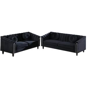 75 in. Round Arm 2-Piece Velvet L-Shaped Sectional Sofa in Black