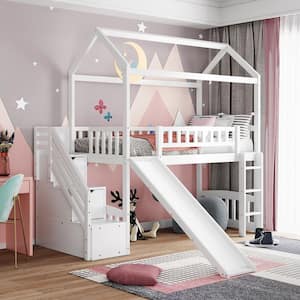 White Twin Size Loft Bed House Bed with 2-Drawers and Slide