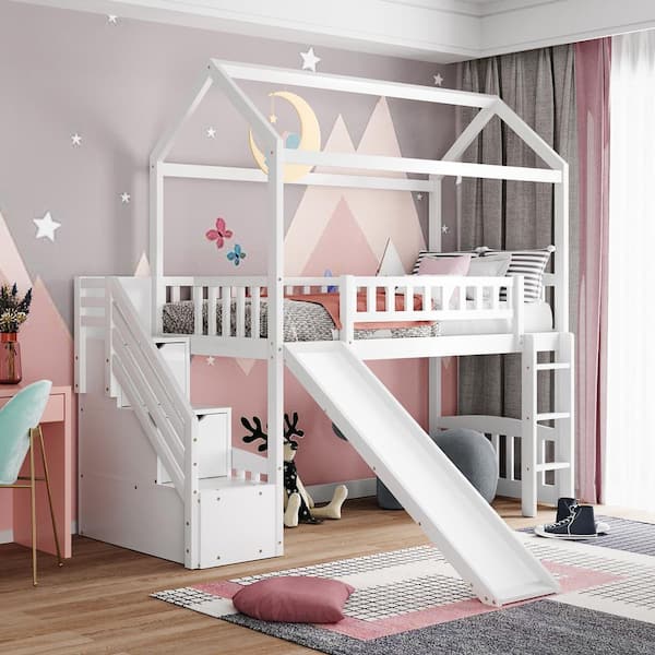Qualler White Twin Size Loft Bed House Bed with 2-Drawers and Slide