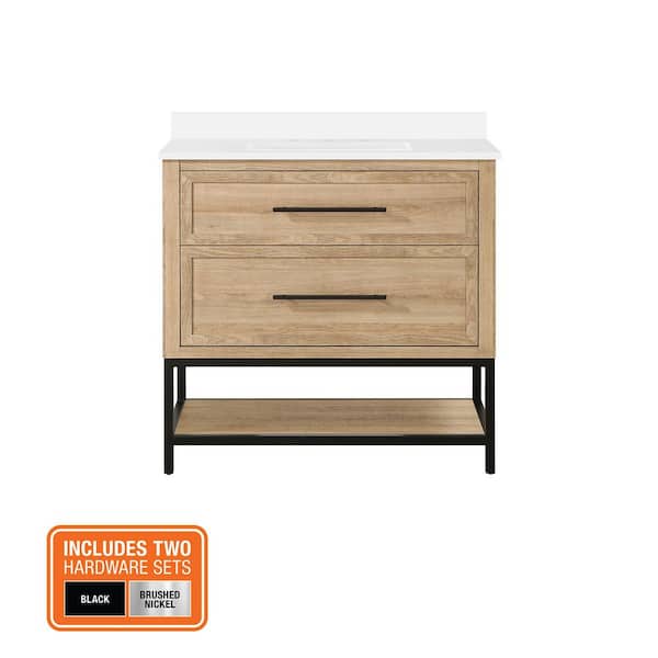 Corley 36 in. Single Sink Weathered Tan Bath Vanity with White Engineered Stone Top (Assembled)