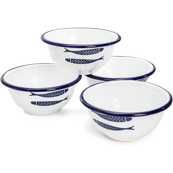4-Piece White Blue Rim Enamel Metal Vintage Fish Pattern Soup Cereal Salad Bowl Set Dishwasher Safe