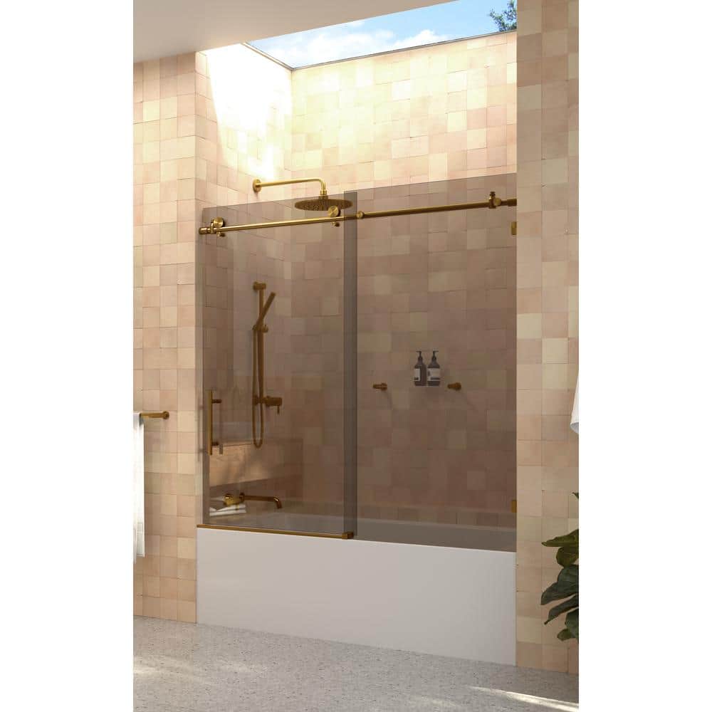 Equinox 60" Frameless Bronze Tinted Sliding Bathtub Door with Brass Finish
