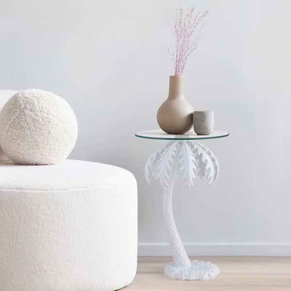 Vince 24.75 in. Mid-Century Vintage Glass Top Metal Palm Tree End Table, White