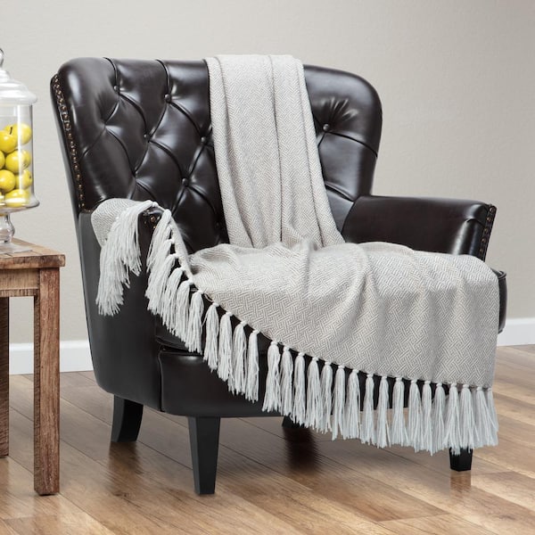 CHANASYA Maze Taupe Knit Acrylic Throw Blanket with Tassels, 50 x 65 in.