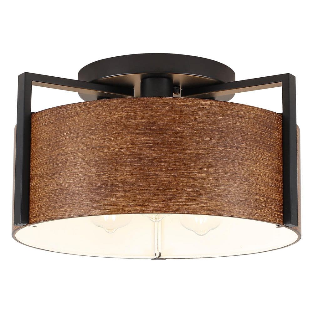 14.96 in. 3-Light Black & Brown Modern Semi Flush Mount Ceiling Light with Drum Metal Shade for Living Room price history on PriceWatchPro
