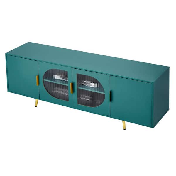 TV Stand for TVs up to 75 in. Glass Doors and Gold Legs, Adjustable Shelves, for Living Room, Green