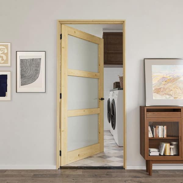 36 in. x 80 in. 3-Lite Frosted Glass Left Solid Core Pine Wood Single Interior Door with Quick Assemble Jamb