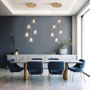 DIY Modern Classic Plated Brass Cluster Chandelier with Clear Ripple Glass Shades for Dining Living Room 5-Light Pendant