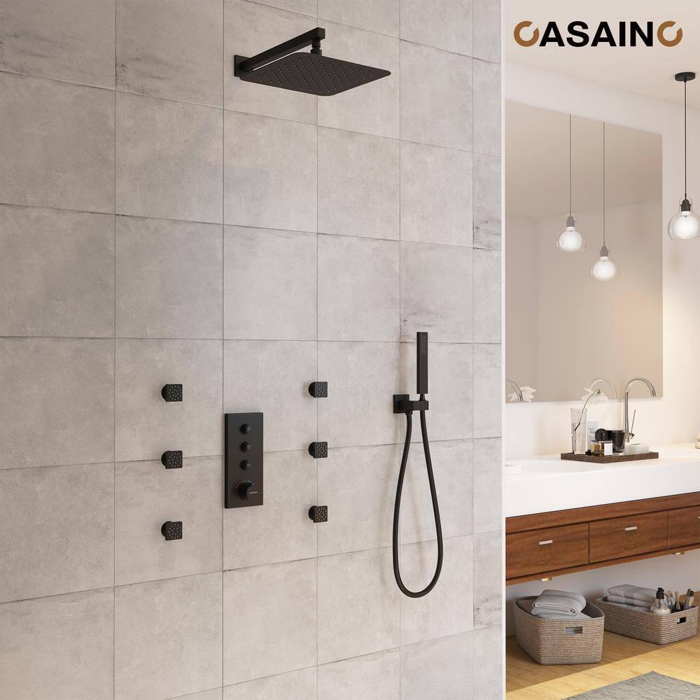 Matte Black 12-Inch Wall Mounted Shower System with Body Jets