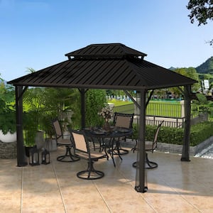 10 ft. x 12 ft. Black Double Roof Hard Top Aluminum Frame Gazebo with Netting