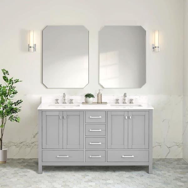 Bath Mist 60 in. W. Double Sink Freestanding Bath Vanity in Gray with White Engineered Top