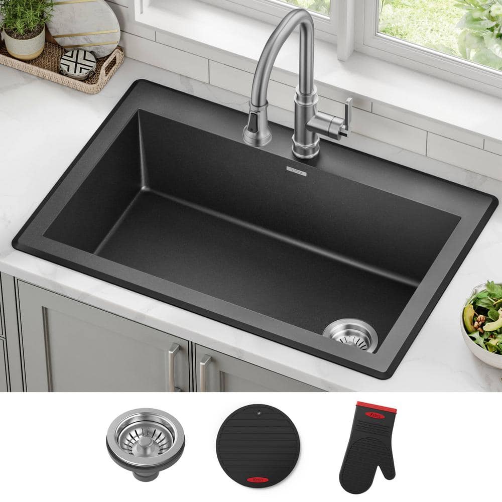 33-Inch Black Granite Single Bowl Drop-In Kitchen Sink