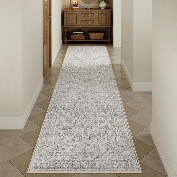 Gul Gray 2 ft. x 8 ft. Vintage Washable Medallion Distressed Runner Rug