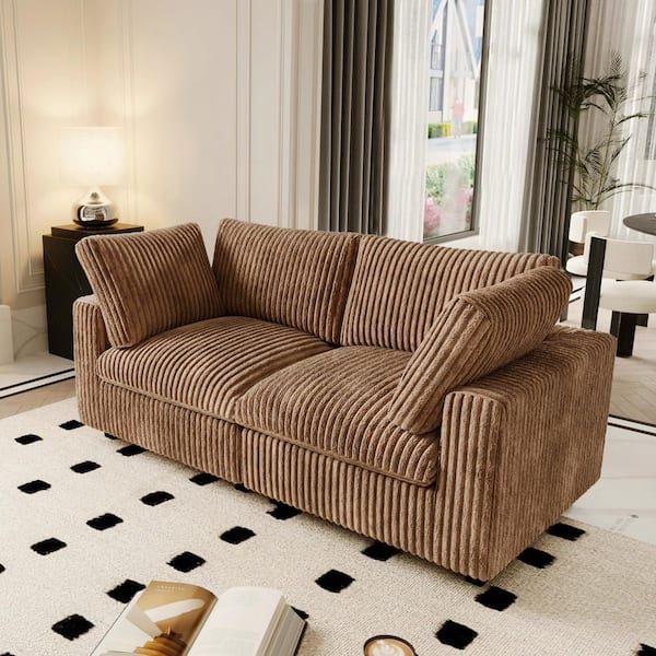 79 in. Faux Rabbit Fur Velvet Down 2-Seater Loveseat Modular Cloud Sofa Couch with Washable Cover for Apartment in Brown