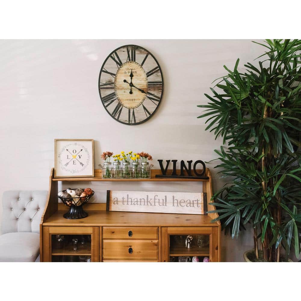 Distressed Grey Wood Oval Wall Clock with Black Roman Numerals