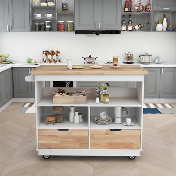 43 Kitchen Island Rolling Storage Cart w/ Wheels, Cabinet, Drawers, Cream  White