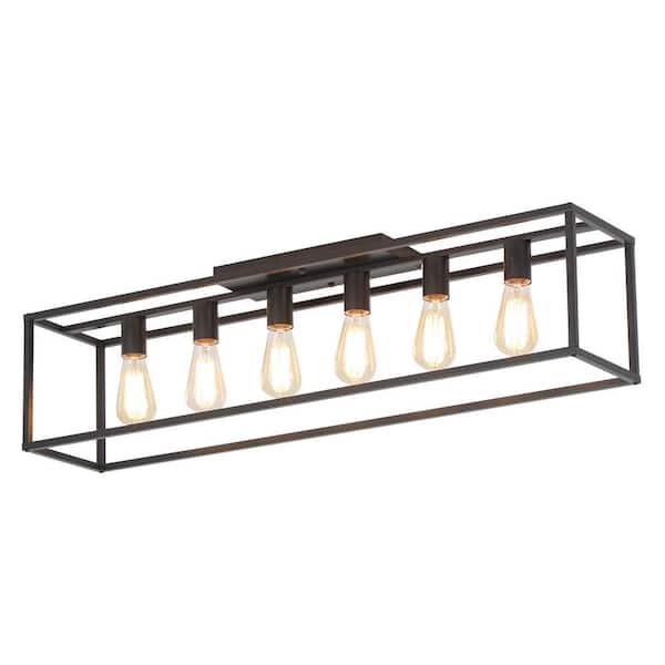 38 in. 6-Light Farmhouse Cage Metal Black Flush Mount with No Bulbs Included Ceiling Light