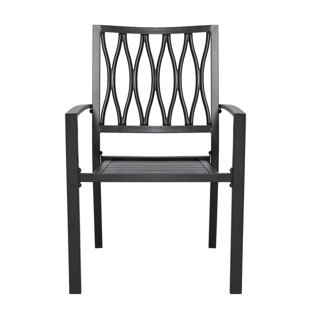 Black Iron Stackable Outdoor Patio Chairs with Lattice Design (2-Pack)