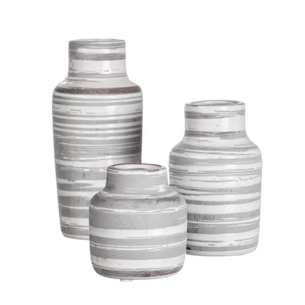 SULLIVANS 7", 5.25", and 3.5" Gray and White Striped Ceramic Bottle Vase (Set of 3)