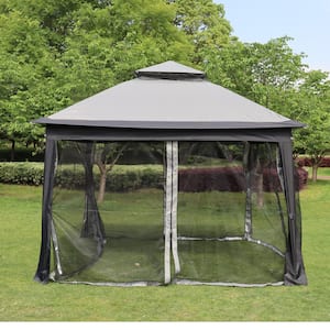 11 ft. x 11 ft. Gray Pop Up Gazebo Canopy Outdoor 2-Tier Soft Top Event Tent with Removable Zipper Netting